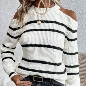 Black and White Striped Cold Shoulder Sweater. Women's Size Medium